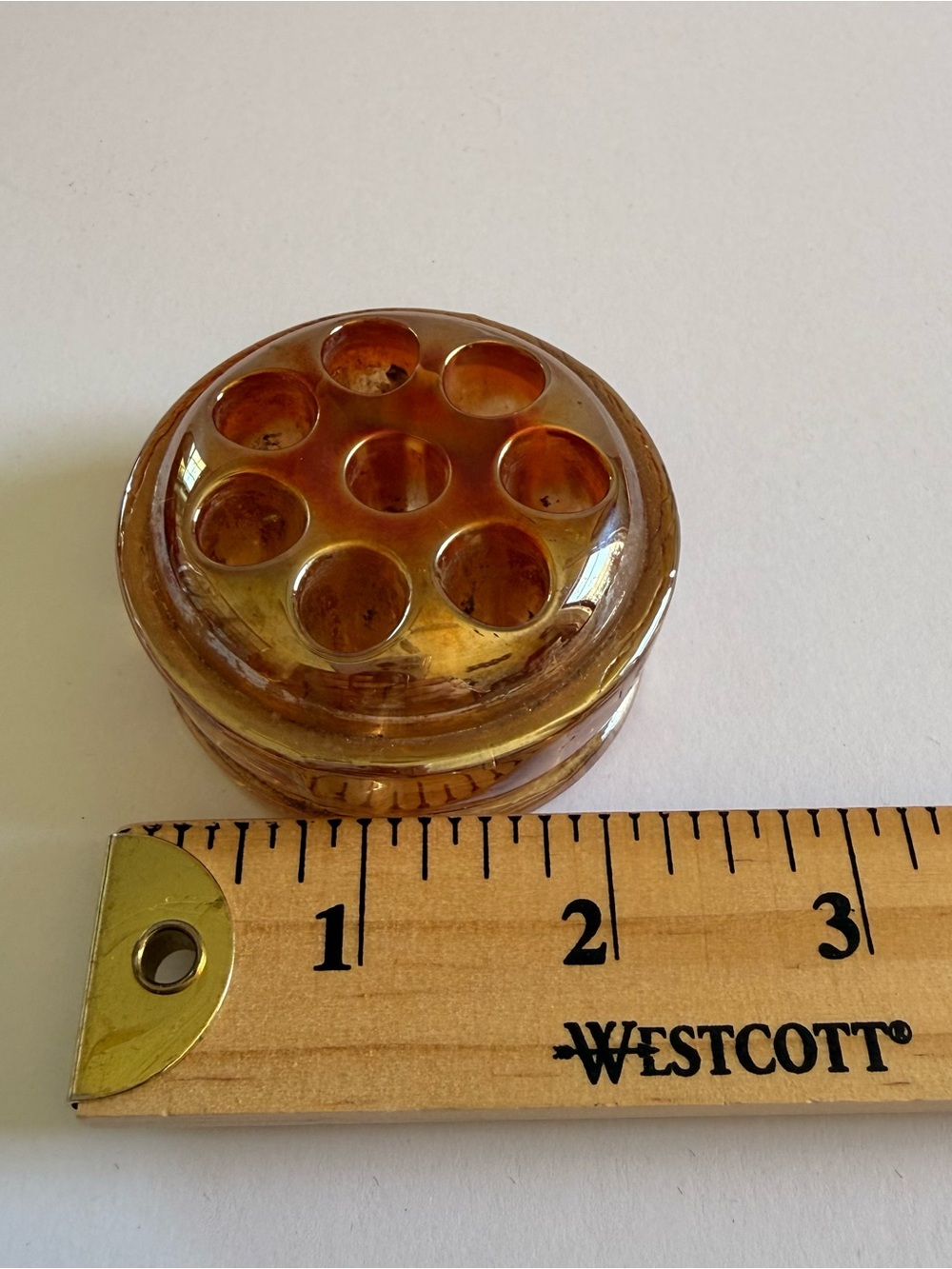 Carnival Glass Flower Frog Iridescent Marigold Flower Arranging  2 1/4” x 1 1/4”